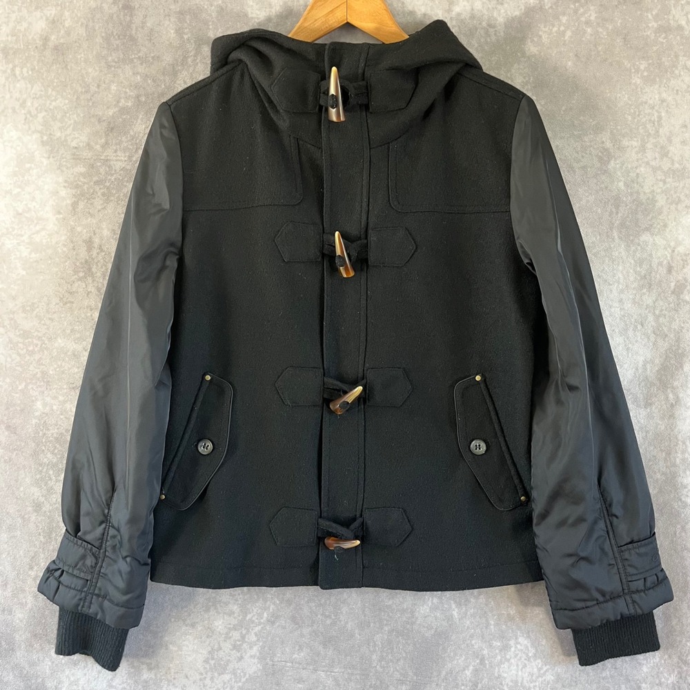 Diesel Duffle Jacket Women Small Black Wool Blend Hooded Toggle Mixed Media Coat
